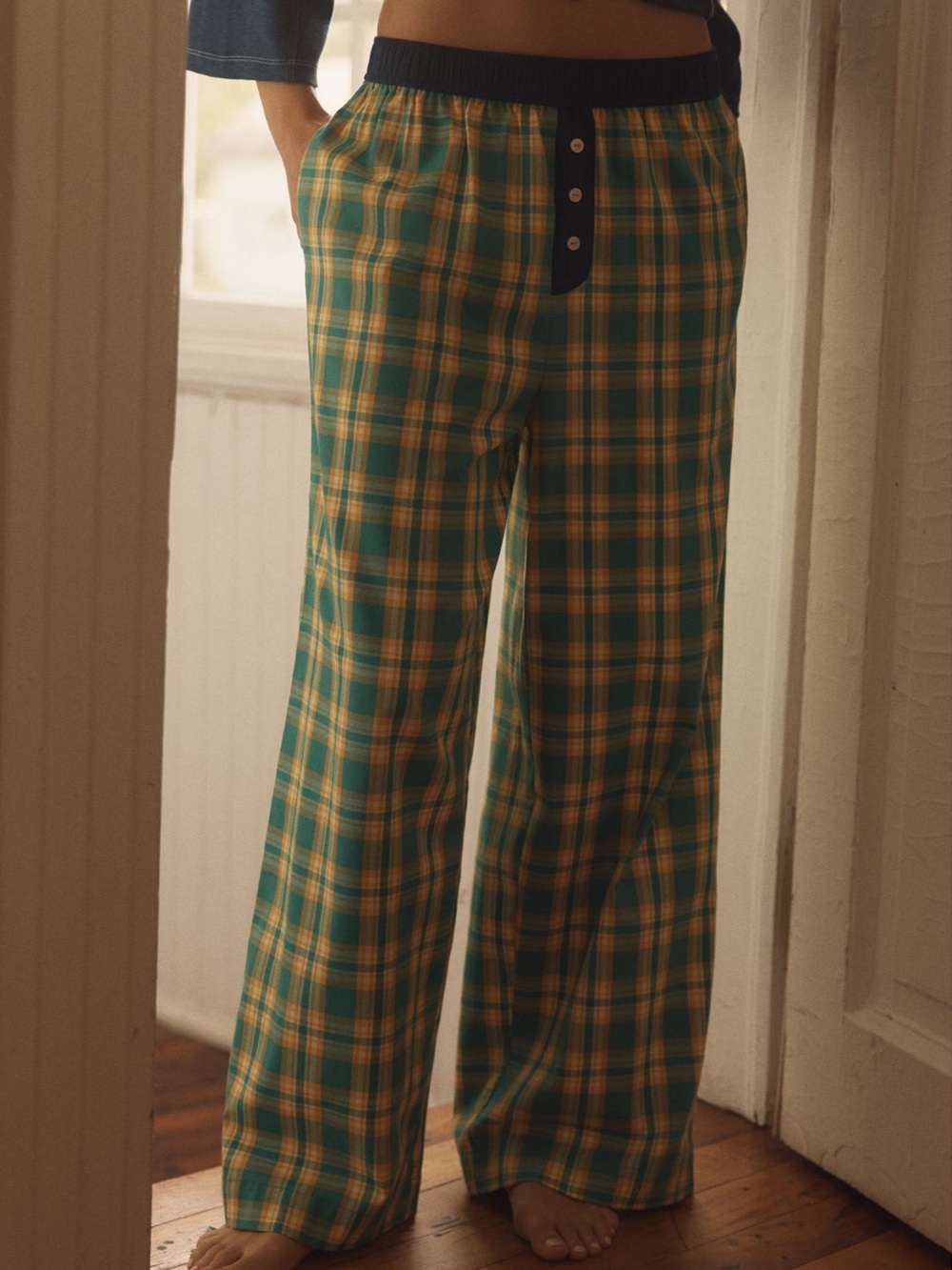 Anthropologie Wren Boxer Pants Flannel New Small Green Navy Plaid Medium